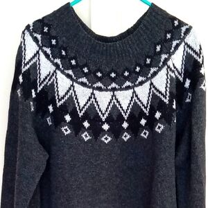 NWOT DARK GRAY FAIR ISLE NECKLINE DRESS BY ELLOS.  BLACK & WHITE PATTERN.  LARGE